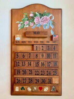 Vintage Beautiful Hand Painted Wood Wall Hanging Perpetual Calendar